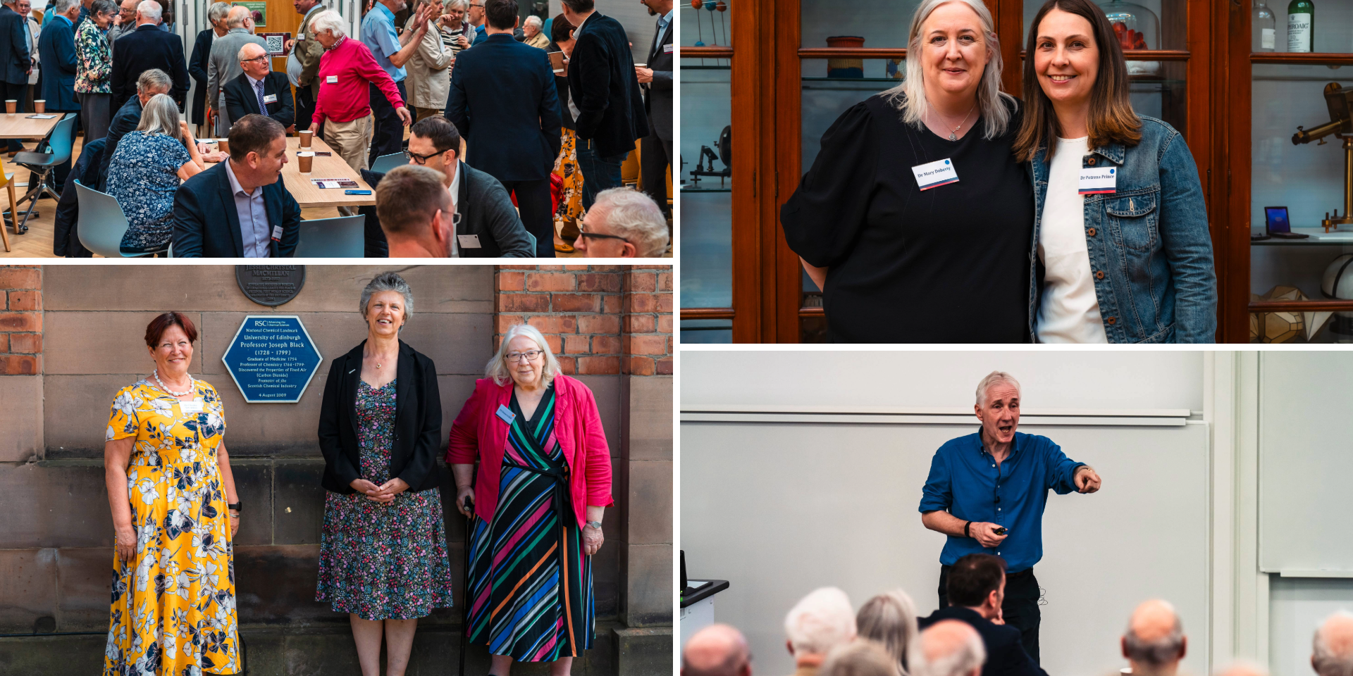 A collage of four photos, featuring a group of people socialising, two friends standing together, a group of people standing next to a sign outside a building, and alumnus Kevin Parker delivering a talk