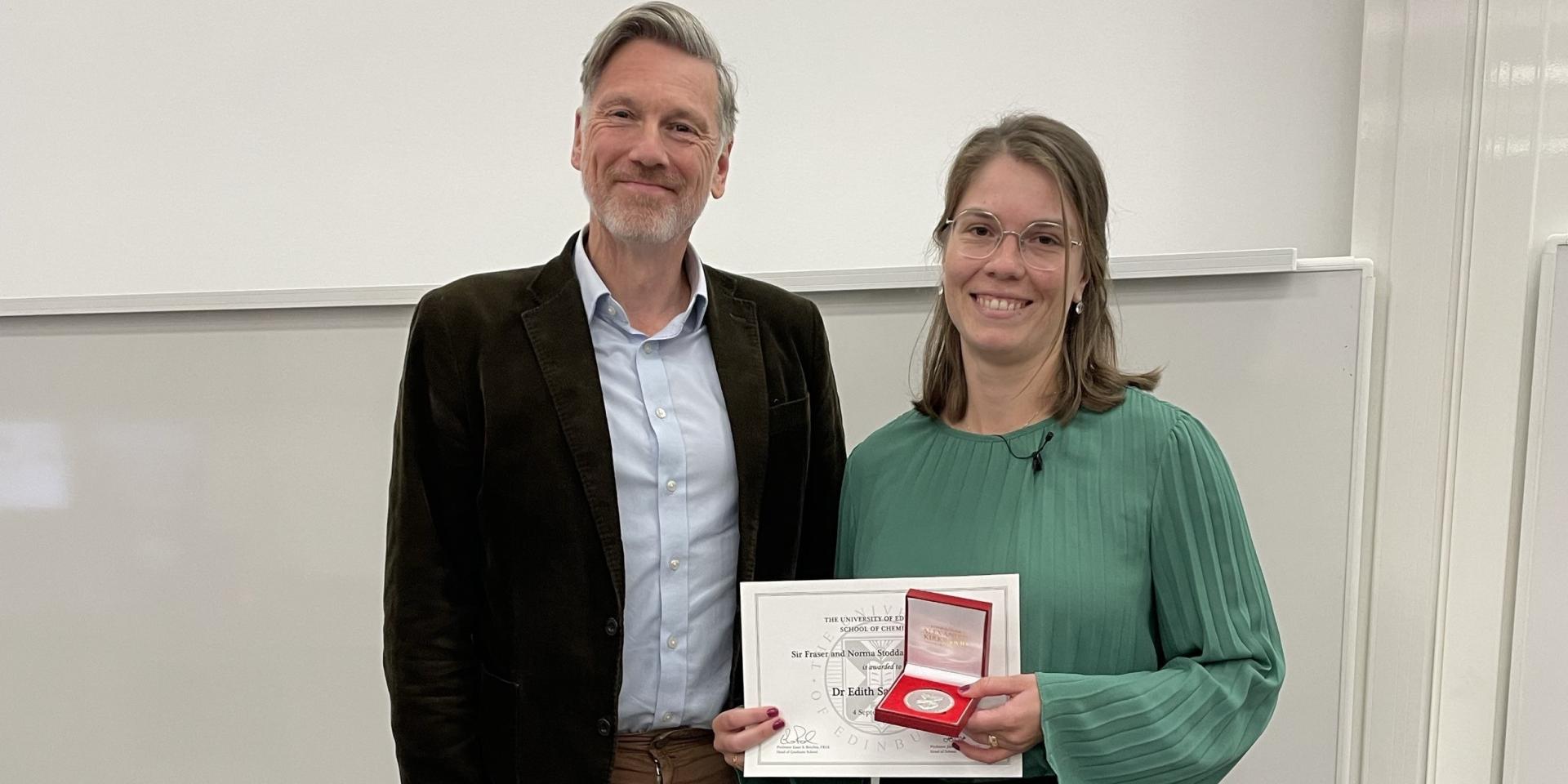 Edith receiving Stoddart 2024 Prize from Jason Love