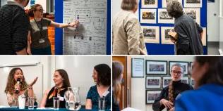 A collage of four photos, featuring a Julie presenting her PhD poster to an attendee, an exhibit of class photos with two people viewing them, a panel of three people talking, and alumna Zuzanna talking with class photos in the background