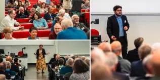 A collage of three photos, featuring an audience speaking to each other, a lecture from Lesley Yellowlees, and Ben Bhawal speaking to an audience
