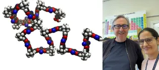 Left: A molecular-scale model of a Polymer of Intrinsic Microporosity showing its rigid and contorted structure. Right: Reshu and Neil.