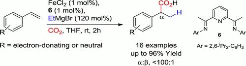Iron-Catalyzed, Highly Regioselective Synthesis of α-Aryl Carboxylic Acids from Styrene Derivatives and CO2