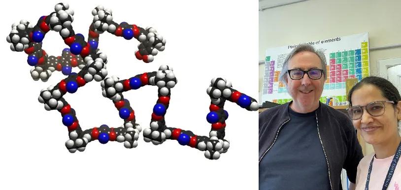 Left: A molecular-scale model of a Polymer of Intrinsic Microporosity showing its rigid and contorted structure. Right: Reshu and Neil.
