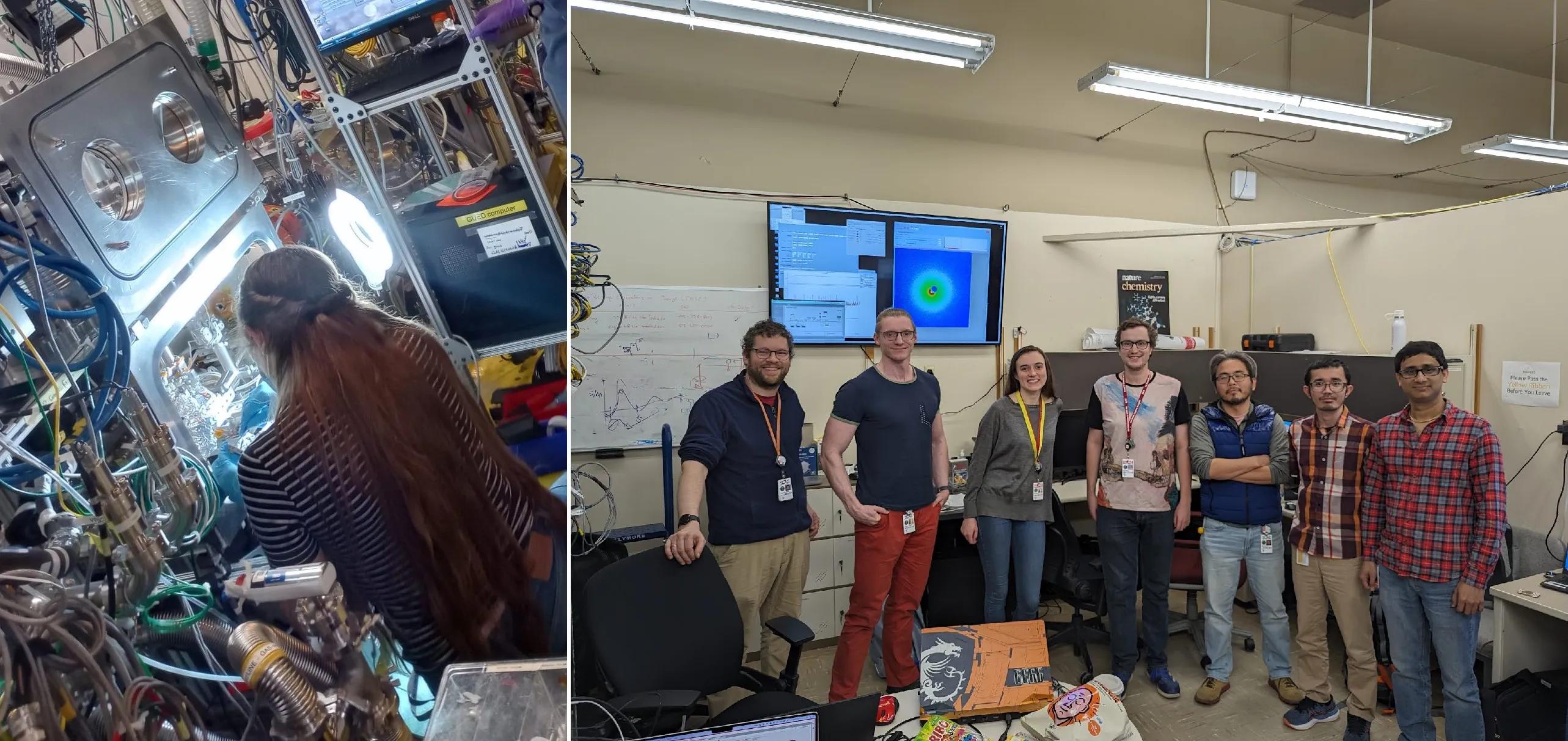 Figure 2: Left - Alice at the instrument; R - the experiment team.