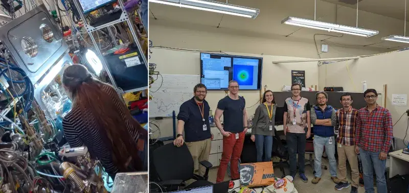 Figure 2: Left - Alice at the instrument; R - the experiment team.