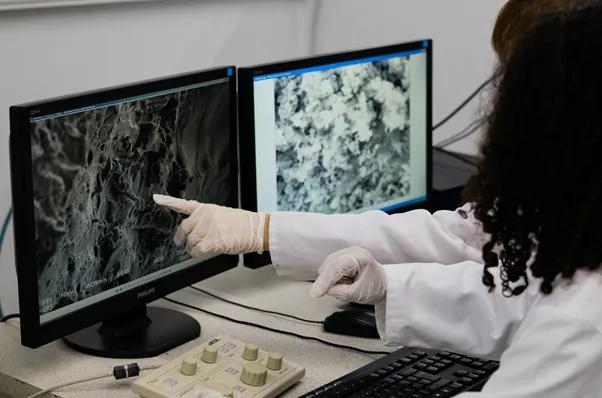 Scientists pointing at microscope screen