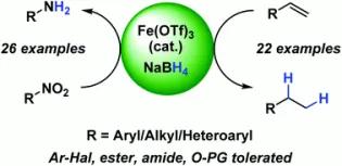 Iron-catalysed, general and operationally simple formal hydrogenation using Fe(OTf)3 and NaBH4.