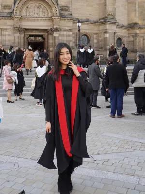 Alumna Tianyue Li standing outside of the McEwan Hall