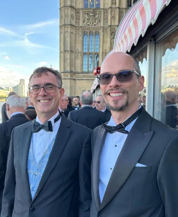 Photo of Julien Michel and collaborator Mark Mackey of Cresset outside the Palace of Westminsterm 